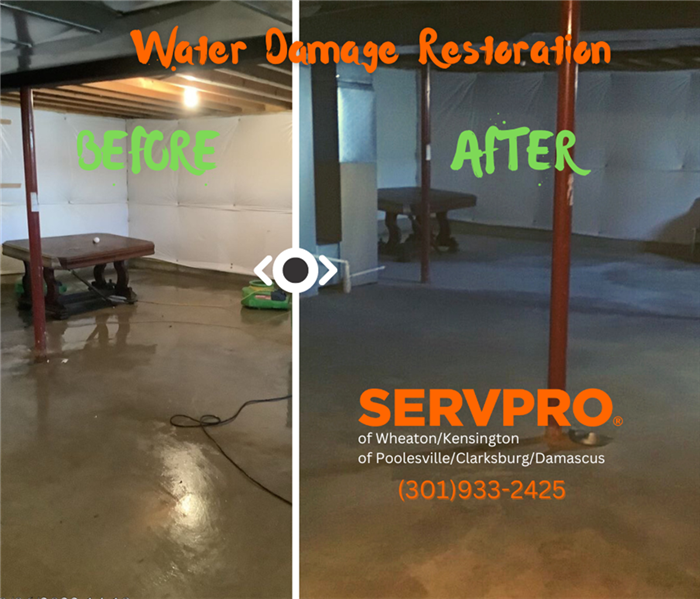 a before and after picture of a flooded basement and a restored basement